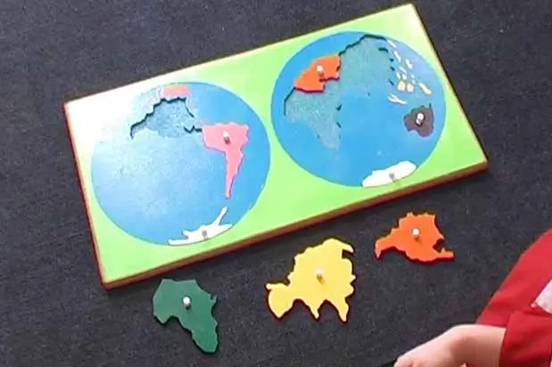 Naming the Continents on the Jigsaw Puzzle Map of the Hemispheres - Montessori Three Period Lesson